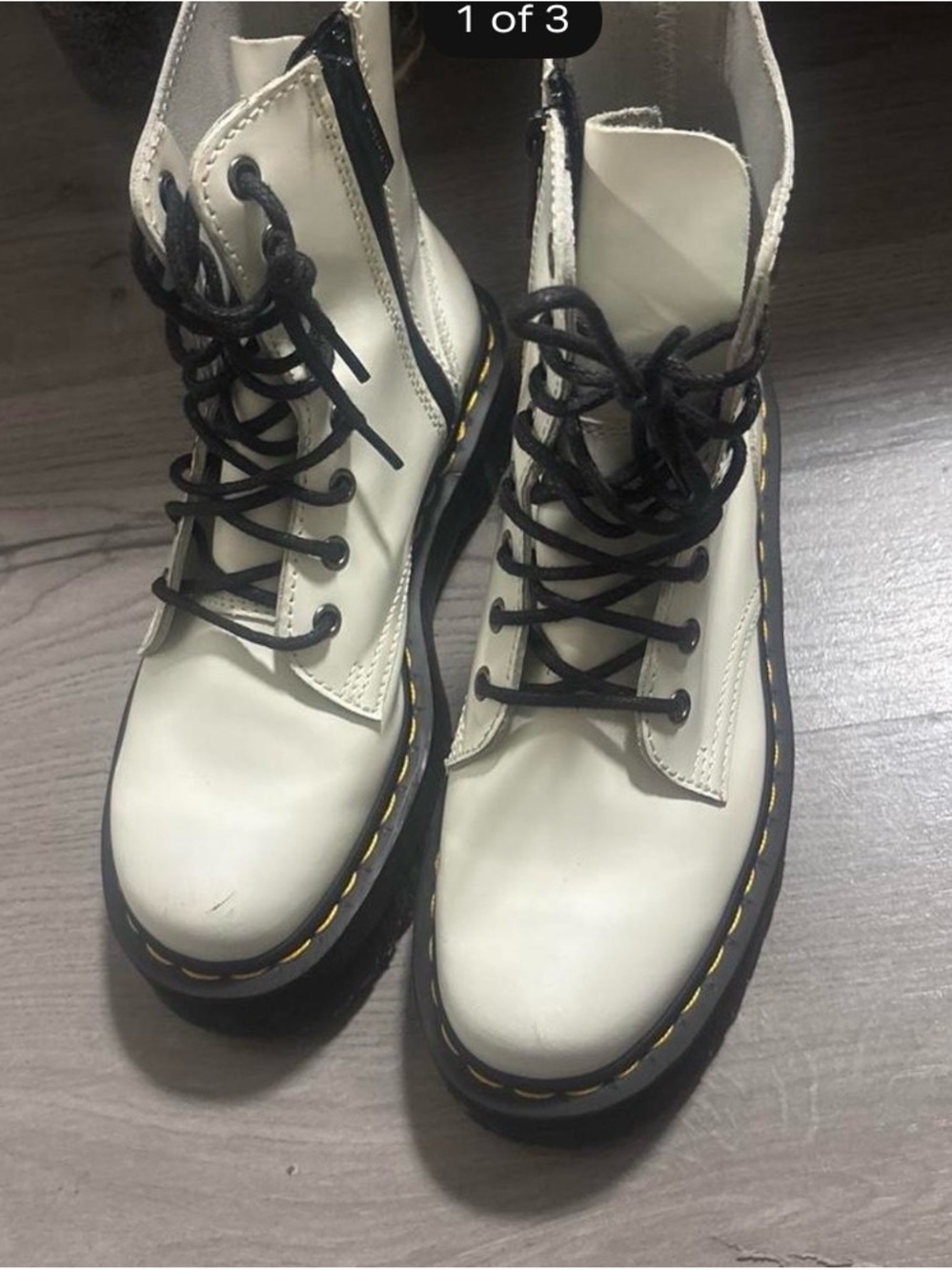Dr. Martens White Lace-Up Platform Combat Boots with Yellow Stitching